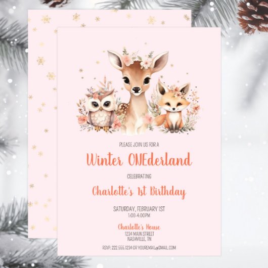 Roze Winter Onederland Woodland Verjaardag Kaart