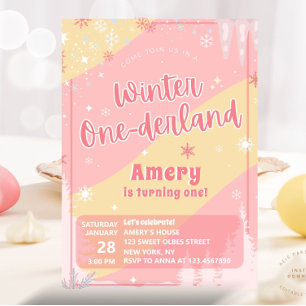 Roze Winter Onederland Zilver Glitter 1e Verjaarda Kaart