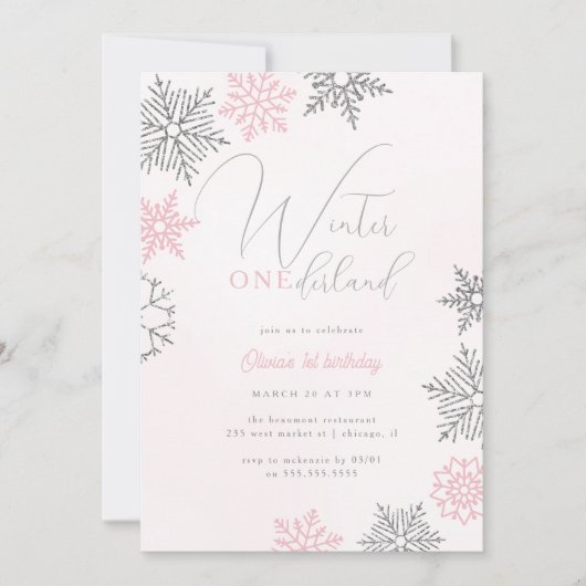 Roze Winter Onederland Zilveren Glitter 1e Verjaar Kaart (Voorkant)