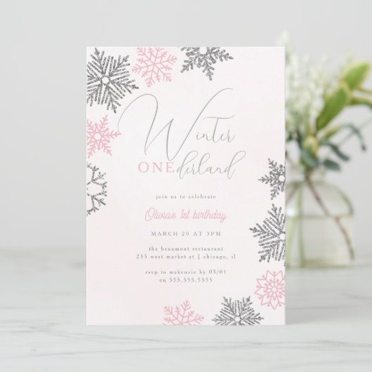 Roze Winter Onederland Zilveren Glitter 1e Verjaar Kaart (Staand voorkant)