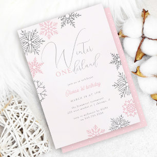 Roze Winter Onederland Zilveren Glitter 1e Verjaar Kaart