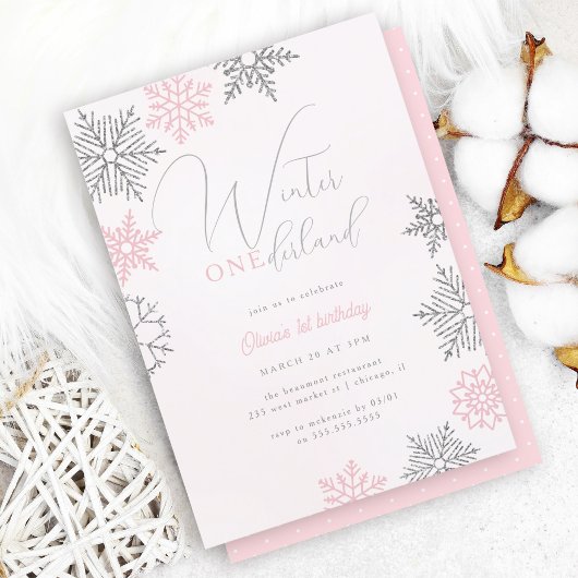 Roze Winter Onederland Zilveren Glitter 1e Verjaar Kaart