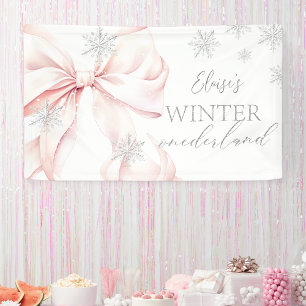 Roze Winter Onederland Zilveren Glitter 1e Verjaar Spandoek
