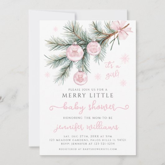 Roze Winter Ornamenten op Pine Fir Baby Girl Showe Kaart (Voorkant)