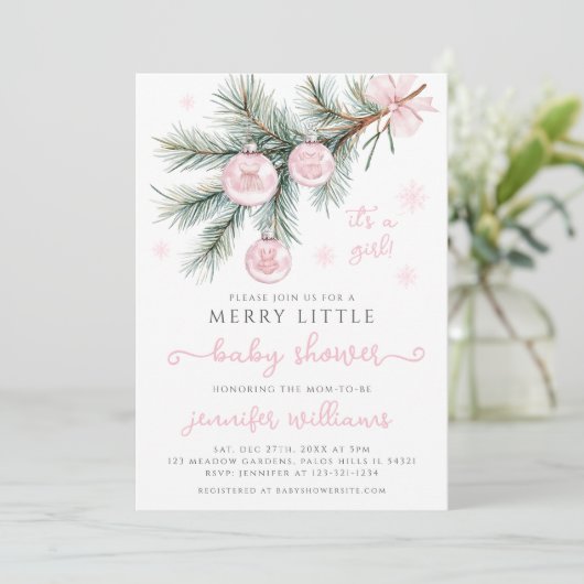 Roze Winter Ornamenten op Pine Fir Baby Girl Showe Kaart (Staand voorkant)