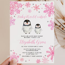 Roze Winter Pinguïn Baby Shower Kaart
