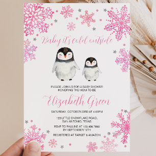 Roze Winter Pinguïn Baby Shower Kaart