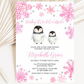 Roze Winter Pinguïn Baby Shower Kaart