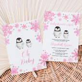 Roze Winter Pinguïn Baby Shower Kaart
