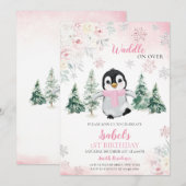 Roze Winter Pinguïn Verjaardagsfeest Kaart (Voorkant / Achterkant)