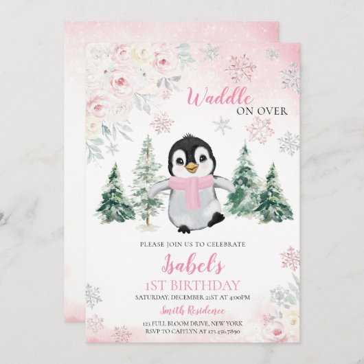 Roze Winter Pinguïn Verjaardagsfeest Kaart (Voorkant / Achterkant)