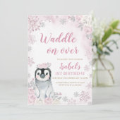 Roze Winter Pinguïn Verjaardagsfeest Kaart (Staand voorkant)