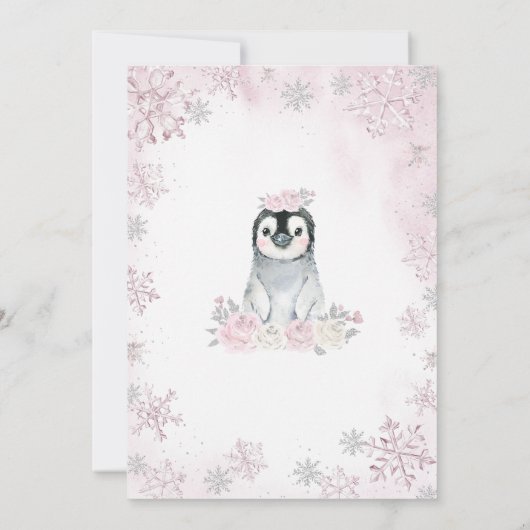 Roze Winter Pinguïn Verjaardagsfeest Kaart (Achterkant)