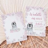 Roze Winter Pinguïn Verjaardagsfeestje Kaart