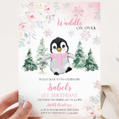 Roze Winter Pinguïn Verjaardagsfeestje Kaart