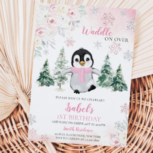 Roze Winter Pinguïn Verjaardagsfeestje Kaart