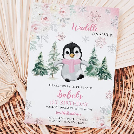 Roze Winter Pinguïn Verjaardagsfeestje Kaart