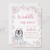 Roze Winter Pinguïn Verjaardagsfeestje Kaart (Voorkant)