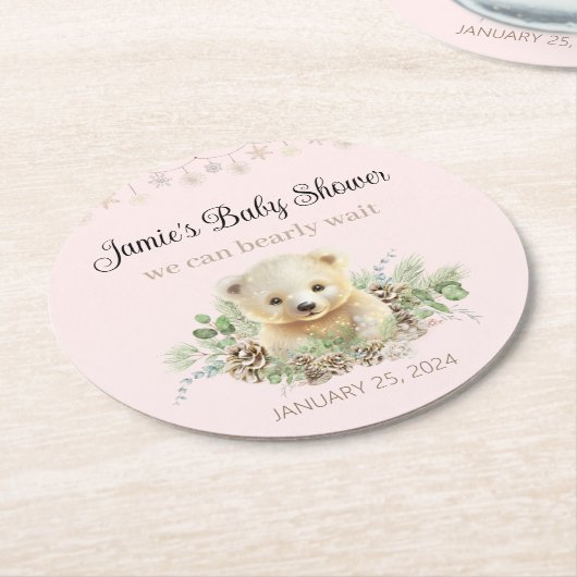 Roze Winter Polar Beer Genderneutraal Baby shower Ronde Kartonnen Onderzetter (Gebogen)