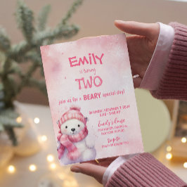 Roze Winter Polar Beer Sneeuwvlokken Verjaardagsfe Kaart