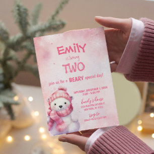 Roze Winter Polar Beer Sneeuwvlokken Verjaardagsfe Kaart