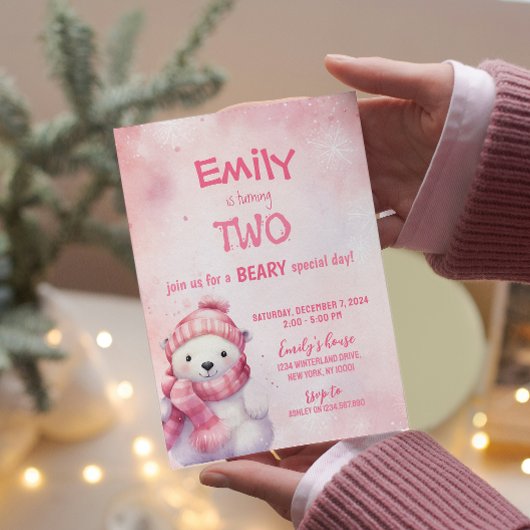Roze Winter Polar Beer Sneeuwvlokken Verjaardagsfe Kaart