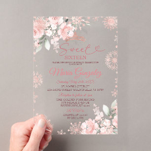 Roze Winter Roze Goud Bloemige Sweet 16 Verjaardag Acryl Uitnodigingen