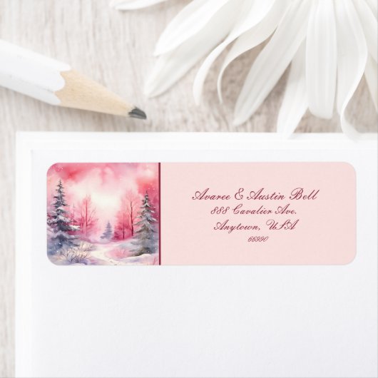 Roze Winter Sneeuw Scène Bomen Sky Trail Etiket (Insitu)