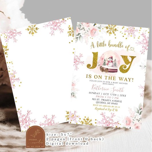 Roze Winter Sneeuw Wereldbol Floral Baby shower Kaart