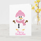 Roze Winter Sneeuwman Vrolijk Kerstfeest Kaart (Gele Bloem)
