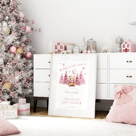 Roze Winter Teddy Bear Baby Meisje Douche Welkom Poster