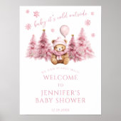 Roze Winter Teddy Bear Baby Meisje Douche Welkom Poster (Voorkant)
