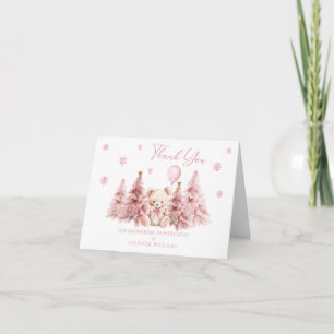 Roze Winter Teddy Bear Bow Baby Meisje Douche Bedankkaart