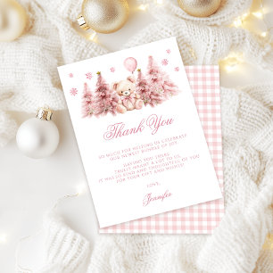 Roze Winter Teddydbeer Strikje Baby Meisje Shower Bedankkaart