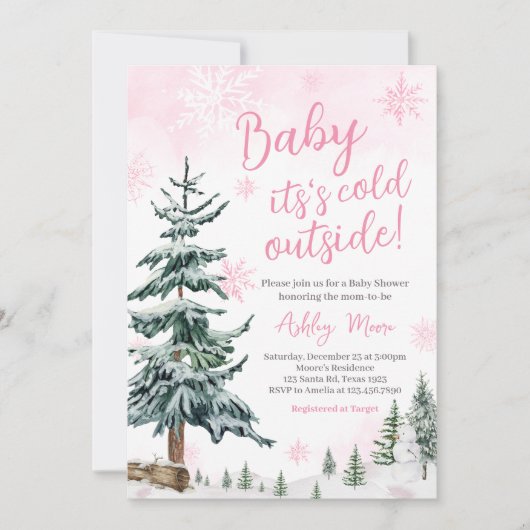 Roze Winter Wonderland Baby shower Kaart (Voorkant)