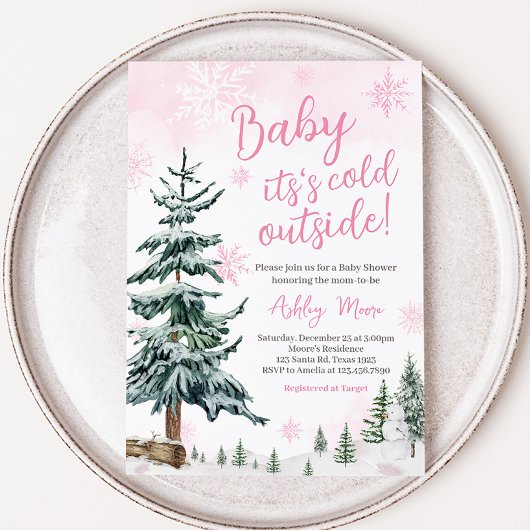Roze Winter Wonderland Baby shower Kaart