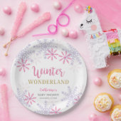 Roze Winter Wonderland Baby shower Snowflakes Girl Papieren Bordje (Feest)
