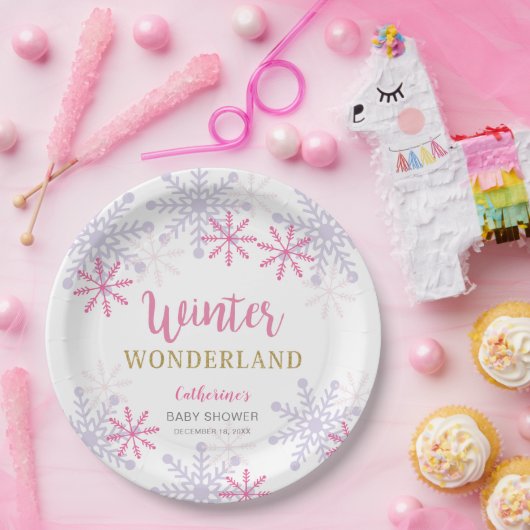 Roze Winter Wonderland Baby shower Snowflakes Girl Papieren Bordje (Feest)
