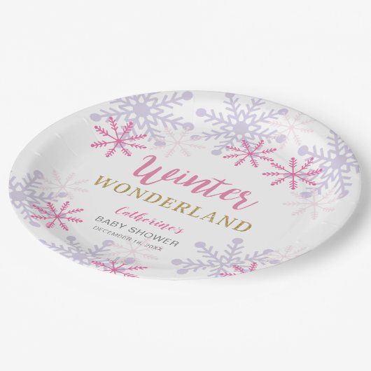 Roze Winter Wonderland Baby shower Snowflakes Girl Papieren Bordje (Gekanteld)