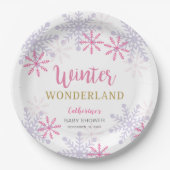 Roze Winter Wonderland Baby shower Snowflakes Girl Papieren Bordje (Voorkant)