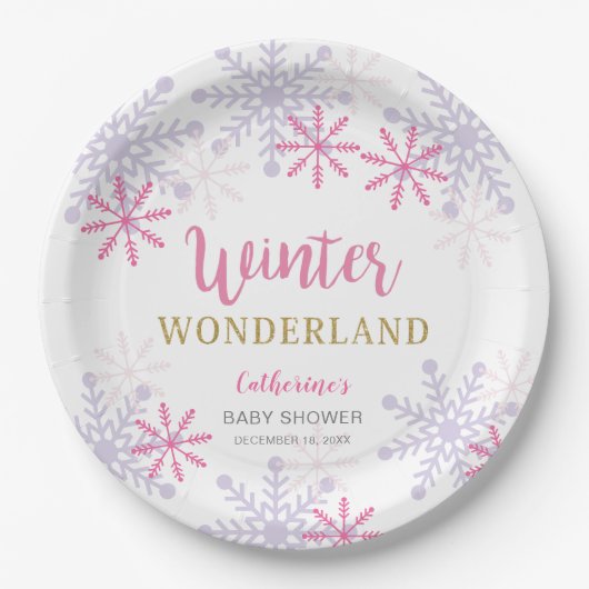 Roze Winter Wonderland Baby shower Snowflakes Girl Papieren Bordje (Voorkant)