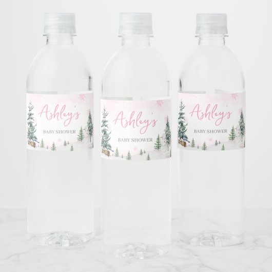 Roze Winter Wonderland Baby shower Waterfles Etiket (Flessen)