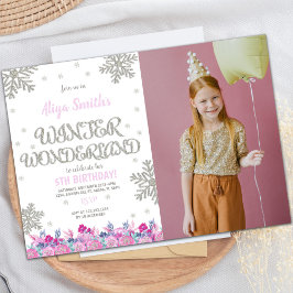 Roze Winter Wonderland Birthday Invitation foto Kaart
