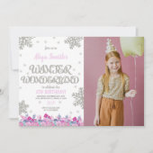 Roze Winter Wonderland Birthday Invitation foto Kaart (Voorkant)