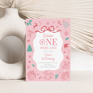 Roze Winter Wonderland Eerste Verjaardagsfeestje Kaart