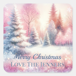 Roze Winter Wonderland Kerstmis gepersonaliseerd Vierkante Sticker