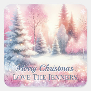 Roze Winter Wonderland Kerstmis gepersonaliseerd Vierkante Sticker