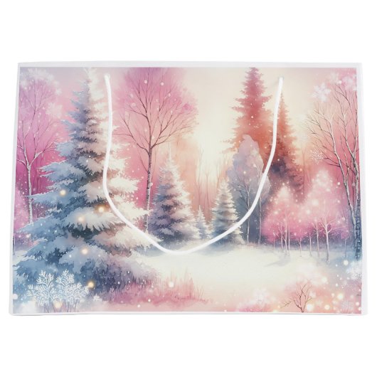 Roze Winter Wonderland Kerstmis Groot Cadeauzakje (Voorkant)