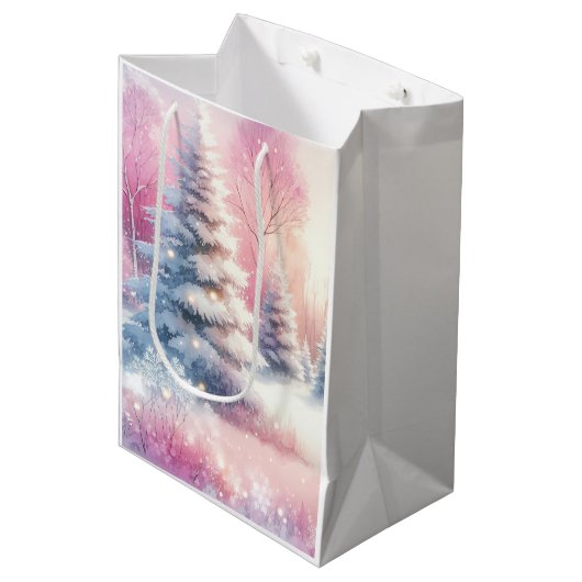 Roze Winter Wonderland Kerstmis Medium Cadeauzakje (Voorkant Gekanteld)