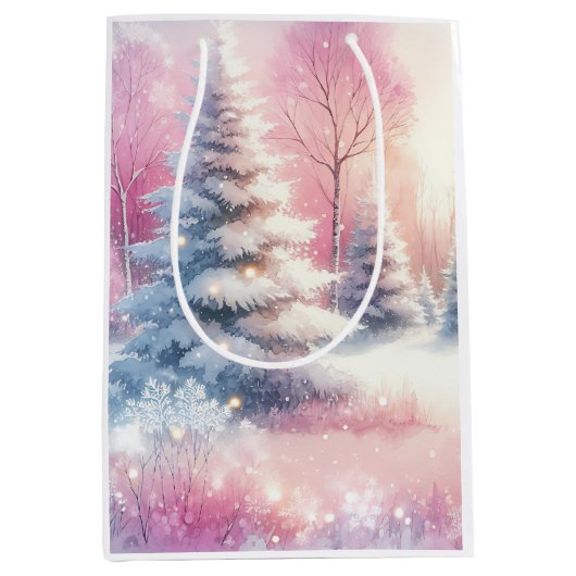 Roze Winter Wonderland Kerstmis Medium Cadeauzakje (Voorkant)
